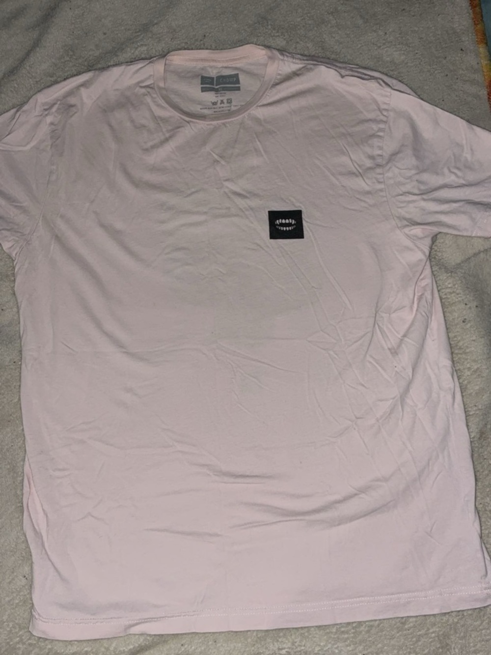 Chomp Men’s Crew Neck T-Shirt - Pale Pink with Black Chest Patch
